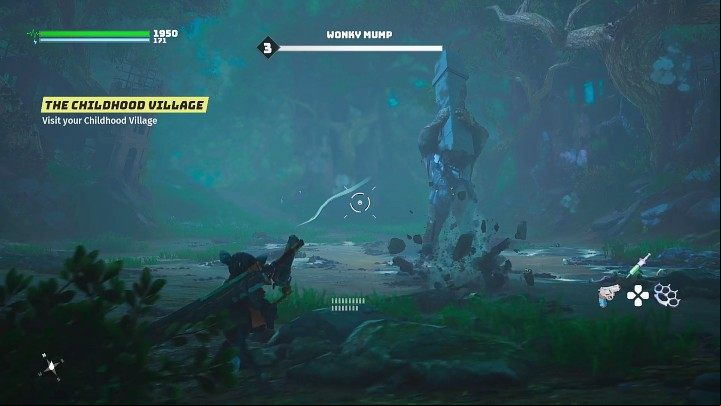 When Wonky Mump raises the stone pillar vertically, it's a sign that he's about to start hitting it against the ground, causing shockwaves - avoid receiving damage by jumping to the side - Biomutant: An Alliance - walkthrough - Present Day - Biomutant Guide