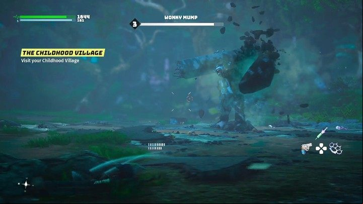 The enemy can also stomp on the ground forcefully, creating a sizable stone, which he will hurl at you after a moment - Biomutant: An Alliance - walkthrough - Present Day - Biomutant Guide