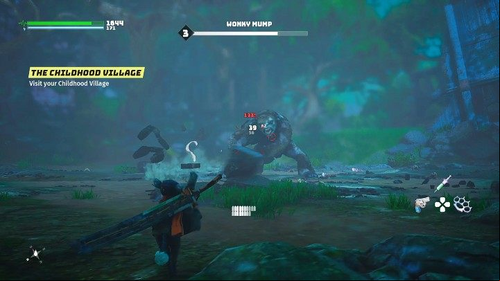 When Wonky Mump swings the stone pillar, he will perform a broad attack just above the ground a moment later- he will do that back and forth - Biomutant: An Alliance - walkthrough - Present Day - Biomutant Guide