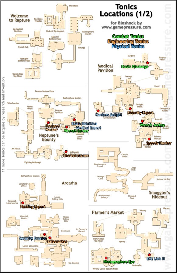 1 - Tonics Maps for Bioshock - Weapons, tonics, and plasmids - Bioshock Game Guide