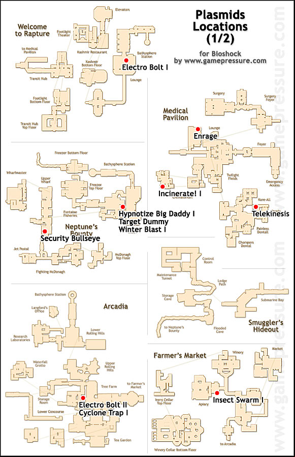 1 - Plasmids-description and maps in Bioshock - Weapons, tonics, and plasmids - Bioshock Game Guide