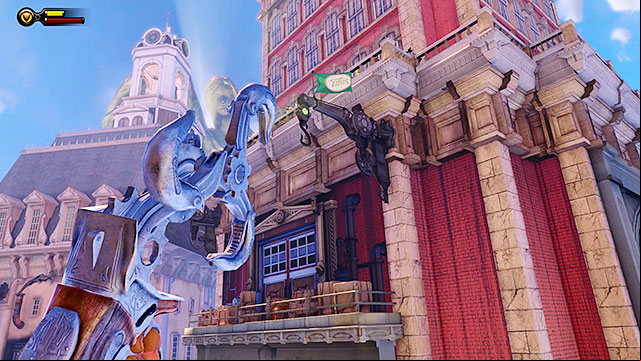 Proceed to a balcony located behind the restaurant and look up, centering the view on a red and white building hovering nearby - Go to the Monument Island and find the girl (part 1) | Chapter 4 - Comstock Center Rooftops - Chapter 4 - Comstock Center Rooftops - BioShock Infinite Guide