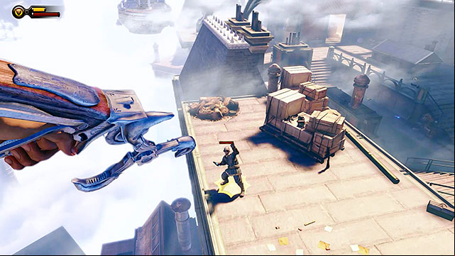 Continue using the Sky-Hook to connect to nearby hooks until you get to the last one - Go to the Monument Island and find the girl (part 1) | Chapter 4 - Comstock Center Rooftops - Chapter 4 - Comstock Center Rooftops - BioShock Infinite Guide
