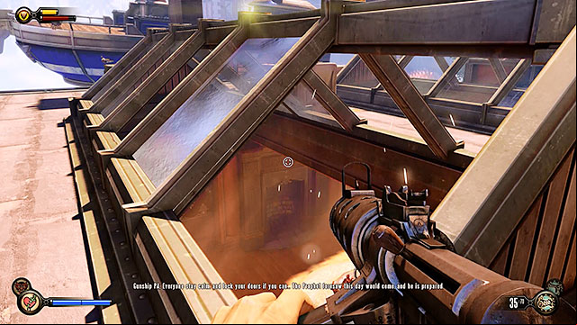After youve won the battle (or avoided it) head down to a lower roof and locate a skylight in order to enter Lansdowne Residence - Go to the Monument Island and find the girl (part 1) | Chapter 4 - Comstock Center Rooftops - Chapter 4 - Comstock Center Rooftops - BioShock Infinite Guide