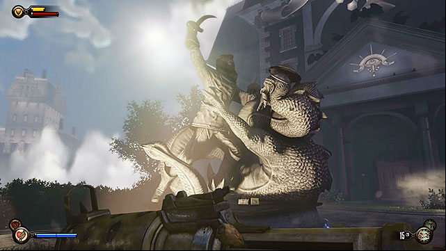 Proceed towards the gate leading to the Fraternal Order of the Raven - Go to the Monument Island and find the girl (part 2) | Chapter 4 - Comstock Center Rooftops - Chapter 4 - Comstock Center Rooftops - BioShock Infinite Guide