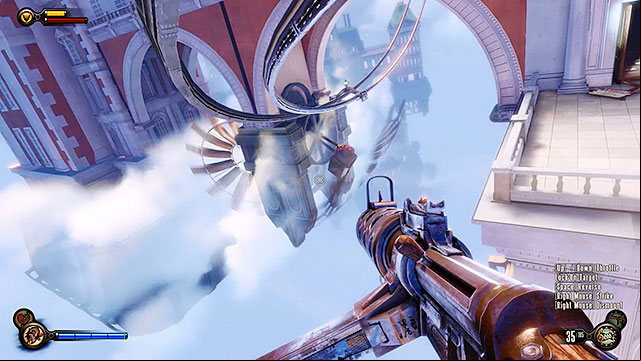 Proceed towards the terrace located on the other side of the apartment and start using the sky-line again in order to reach the next blockade - Use the sky-lines to reach Monument Island | Chapter 5 - Monument Island Gateway - Chapter 5 - Monument Island Gateway - BioShock Infinite Guide