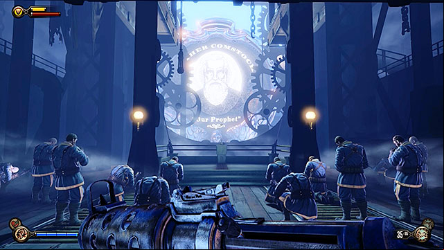 Before youll end your trip using the sky-line youll notice that all policemen have received orders from Prophet and as a result they will enter a state of prayer, ignoring the main character instead of attacking him - Use the sky-lines to reach Monument Island | Chapter 5 - Monument Island Gateway - Chapter 5 - Monument Island Gateway - BioShock Infinite Guide