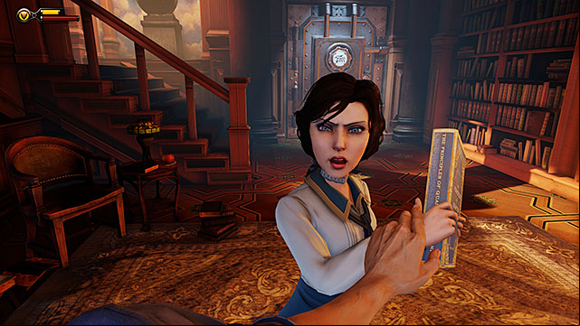 After getting acquainted with the girl and handing over her key you will have to start following her by stepping through an opened hatch - Escape Monument Tower with Elizabeth | Chapter 6 - Monument Tower - Chapter 6 - Monument Tower - BioShock Infinite Guide