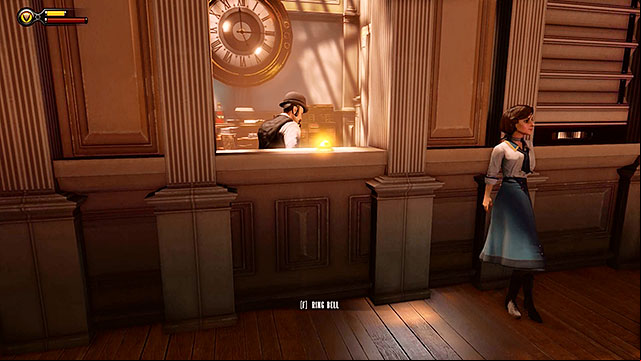 Enter the waiting room and use the bell to call the usher (notice an infusion located behind him) - Choice: Usher | Chapter 7 - Battleship Bay - Chapter 7 - Battleship Bay - BioShock Infinite Guide