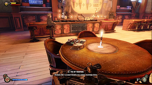 Theres a new Voxophone #23: I Am His Mirror - Zachary Hale Comstock on one of the tables inside the ice cream shop - Take Elizabeth to the First Lady airship | Chapter 8 - Soldiers Field - Chapter 8 - Soldiers Field - BioShock Infinite Guide
