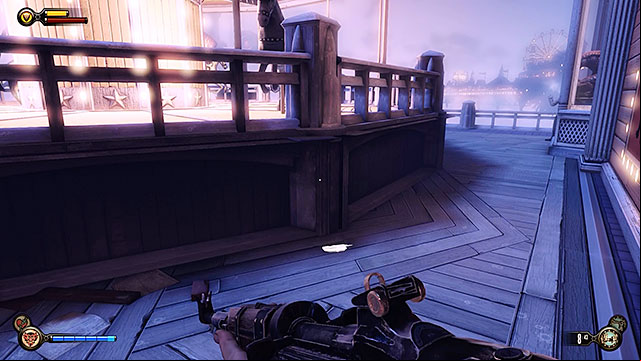 Leave the store and inspect the carousels stairs to find another lockpick (a shining object seen on the screen above) - Take Elizabeth to the First Lady airship | Chapter 8 - Soldiers Field - Chapter 8 - Soldiers Field - BioShock Infinite Guide