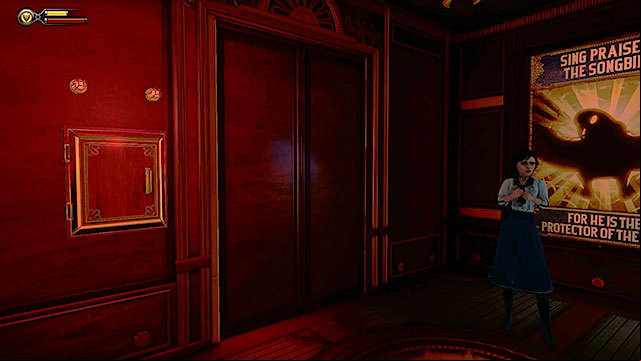 When youre ready to continue enter the elevator and press a button - Find Shock Jockey at the Hall of Heroes | Chapter 8 - Soldiers Field - Chapter 8 - Soldiers Field - BioShock Infinite Guide