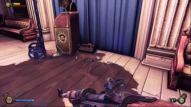 Wait for the elevator to transport you to your destination and explore the pavilion, collecting medical supplies and a shotgun found to the right of the Motorized Patriot - Find Shock Jockey at the Hall of Heroes | Chapter 8 - Soldiers Field - Chapter 8 - Soldiers Field - BioShock Infinite Guide