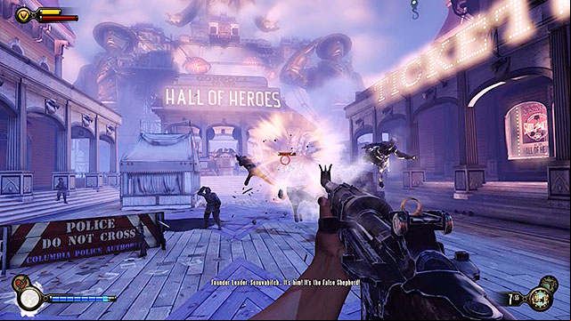 Once youre back outside youll have to take part in a battle with a large group of policemen - Find Shock Jockey at the Hall of Heroes | Chapter 8 - Soldiers Field - Chapter 8 - Soldiers Field - BioShock Infinite Guide