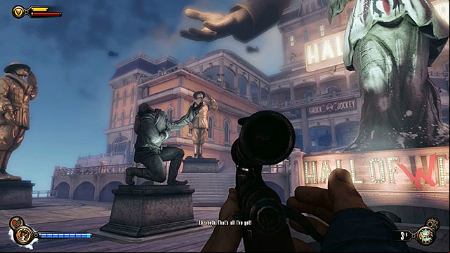 Approach the devastated statue found on the square in front of the Hall of Heroes - Find Shock Jockey at the Hall of Heroes | Chapter 8 - Soldiers Field - Chapter 8 - Soldiers Field - BioShock Infinite Guide