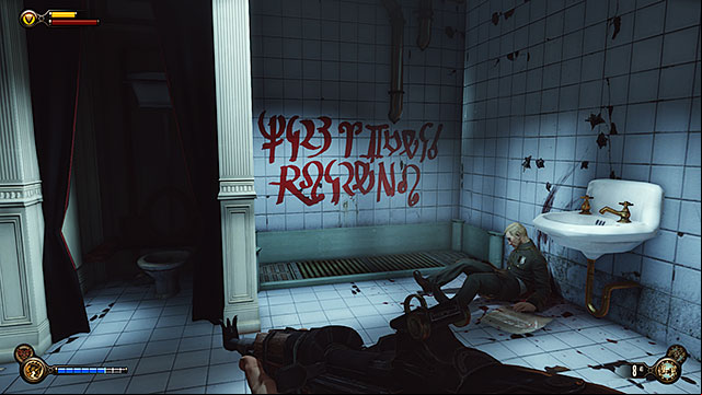 Across the ticket pavilion is a Fellow Traveler bar - Side mission: Use the cipher to crack the Vox code | Chapter 8 - Soldiers Field - Chapter 8 - Soldiers Field - BioShock Infinite Guide