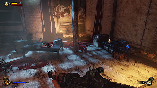 The secret room contains weapons, ammunition, medical supplies and money - Side mission: Use the cipher to crack the Vox code | Chapter 8 - Soldiers Field - Chapter 8 - Soldiers Field - BioShock Infinite Guide