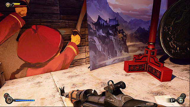 Notice a poster located near the table - Defeat Slates men | Chapter 9 - Hall of Heroes - Chapter 9 - Hall of Heroes - BioShock Infinite Guide