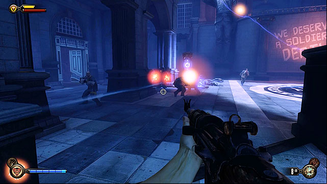Youll soon return to the square and you should expect to encounter heavy resistance here from Slates men - Collect Shock Jockey from Slate | Chapter 11 - Hall of Heroes Gift Shop - Chapter 11 - Hall of Heroes Gift Shop - BioShock Infinite Guide