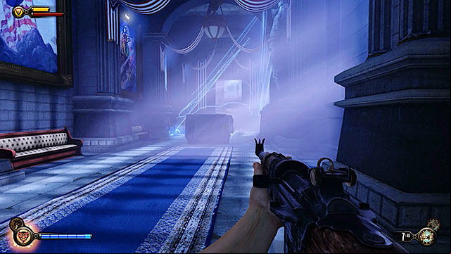 You must now make your way to a terrace from which Slate was dropping electrical traps - Collect Shock Jockey from Slate | Chapter 11 - Hall of Heroes Gift Shop - Chapter 11 - Hall of Heroes Gift Shop - BioShock Infinite Guide