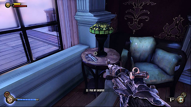 Open the door and locate a lockpick on a small table near the window - Return to Soldiers Field and power up the gondola | Chapter 12 - Return to Hall of Heroes - Chapter 12 - Return to Hall of Heroes - BioShock Infinite Guide