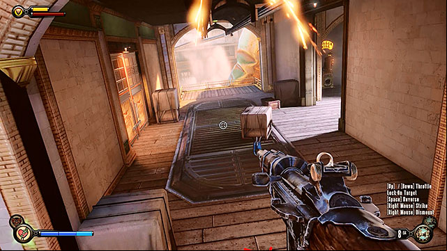Use the sky-line above the square to reach an upper floor - Rescue Elizabeth | Chapter 15 - Fort Franklin Pier - Chapter 15 - Fort Franklin Pier - BioShock Infinite Guide