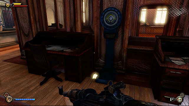 Explore the area behind the main desk to find yet another lockpick hidden between a smaller desk and a scale - Find a way into Finkton | Chapter 16 - Worker Induction Center / Finkton Proper - Chapter 16 - Worker Induction Center / Finkton Proper - BioShock Infinite Guide