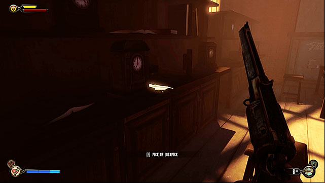 The area to your right holds another lockpick found on a shelf between clocks - Find the gunsmith Chen Lin | Chapter 17 - Plaza of Zeal - Chapter 17 - Plaza of Zeal - BioShock Infinite Guide