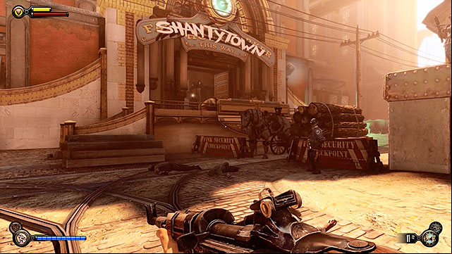 Immediately after leaving the workshop youre going to have to deal with a new group of policemen guarding the access to Shantytown - Find Shantytowns police impound | Chapter 20 - Gunsmiths Shop - Chapter 20 - Gunsmiths Shop - BioShock Infinite Guide