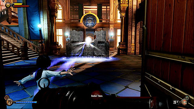 Enter a large hall located on the other side of the door and immediately summon a shield by opening a tear found in this location - Search for Chen Lins confiscated tools | Chapter 22 - Bull House Impound - Chapter 22 - Bull House Impound - BioShock Infinite Guide