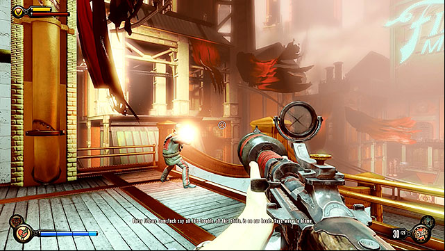 Exit the impound and youll notice that Vox forces are fighting here with the police units - Return to the gunsmiths workshop part 5 | Chapter 23 - Bull Yard - Chapter 23 - Bull Yard - BioShock Infinite Guide