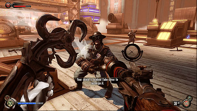 The only way to return to the workshop is to fight your way through the bridge in the Plaza of Zeal - Return to the gunsmiths workshop part 6 | Chapter 24 - Finkton Proper - Chapter 24 - Finkton Proper - BioShock Infinite Guide