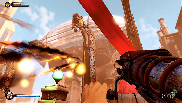 As soon as you and the Vox have approached the gate a zeppelin will show up - Take out the zeppelin | Chapter 26 - Factory Courtyard - Chapter 26 - Factory Courtyard - BioShock Infinite Guide