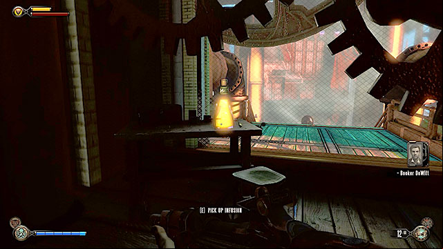 The room found to the left contains a table and theres an Infusion #18 there - Board the First Lady | Chapter 27 - The Factory - Chapter 27 - The Factory - BioShock Infinite Guide