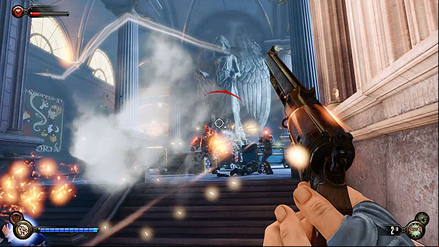 Use the stairs found opposite the restaurant to reach the upper floor - Go to Comstock house part 2 | Chapter 29 - Port Prosperity - Chapter 29 - Port Prosperity - BioShock Infinite Guide