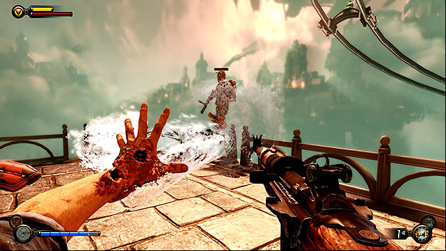 As soon as you leave the elevator youre going to be forced to take part in a pretty challenging battle with the Vox and the police - Go to Comstock house part 3 | Chapter 30 - Downtown Emporia - Chapter 30 - Downtown Emporia - BioShock Infinite Guide