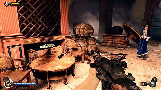 Theres a bar on the other side of the bridge, inside the right building - Go to Comstock house part 3 | Chapter 30 - Downtown Emporia - Chapter 30 - Downtown Emporia - BioShock Infinite Guide