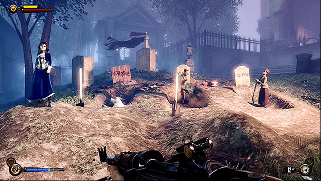 Leave the cemetery after the battle, listening to Lutece siblings along the way - Defeat the ghost of Lady Comstock | Chapter 30 - Downtown Emporia - Chapter 30 - Downtown Emporia - BioShock Infinite Guide