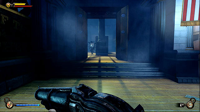 Return to the main hall of the bank and proceed to the right corridor (the one with Lady Comstocks trail) - Find the next tear | Chapter 31 - Memorial Gardens - Chapter 31 - Memorial Gardens - BioShock Infinite Guide
