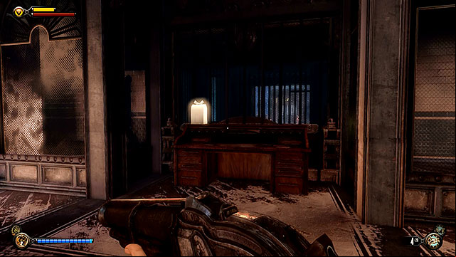 There is a desk opposite the stairs leading to the next floor and you should check it to uncover Gear #36 - Go to wardens office | Chapter 33 - The Atrium - Chapter 33 - The Atrium - BioShock Infinite Guide