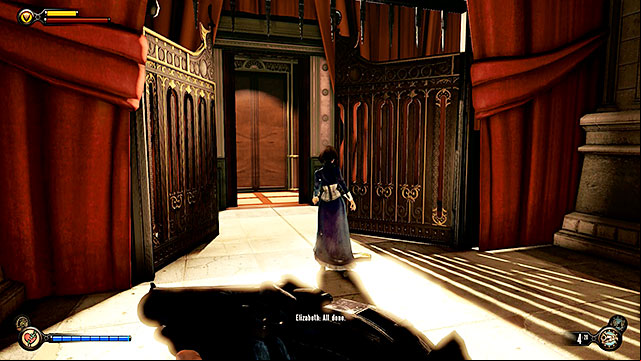 Return to the hall with the closed gate, wait for Elizabeth to open it (she wont need any lockpicks) and enter an elevator located on the other side of the gate - Go outside and find Comstocks flagship | Chapter 35 - Operating Theatre - Chapter 35 - Operating Theatre - BioShock Infinite Guide
