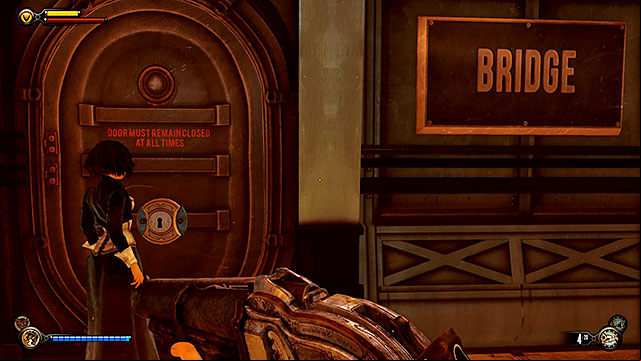 Go behind the glass-stained window and ask Elizabeth to open a gate leading to the zeppelins bridge - Find the controls | Chapter 38 - Engineering Deck - Chapter 38 - Engineering Deck - BioShock Infinite Guide