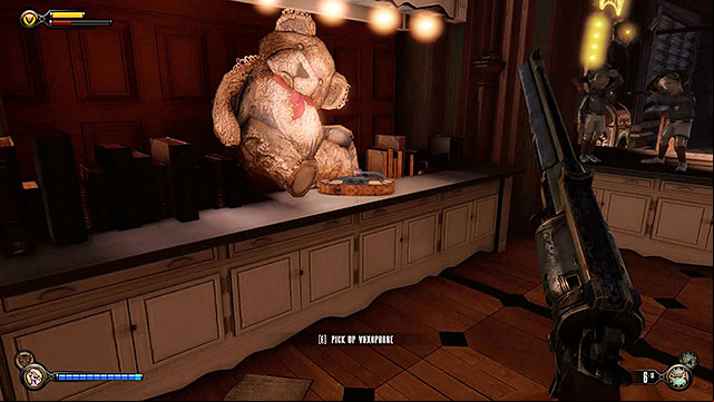 Founders Books - on a display, next to a stuffed bear - Chapter 29 | Voxophones in BioShock Infinite - Voxophones - BioShock Infinite Guide