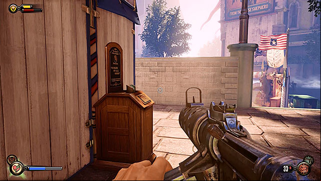 Comstock Center Rooftops - behind the wooden stand at the back of the printing house - Chapters 4-5 | Vantage points in BioShock Infinite - Vantage points - BioShock Infinite Guide