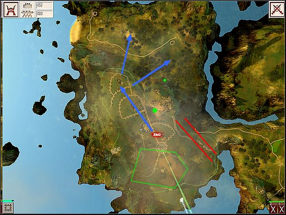 The beginning build up won't differ much from the previous ones, but this time walls (red lines) will be extremely useful, that's why build them as soon as possible - LAND SIX - gameplay - Black and White 2 - Game Guide and Walkthrough