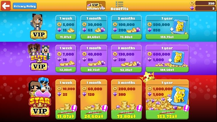 There are currently three VIP options available - regular, elite and star - Step 9 - VIP option in BlockStarPlanet - 10 steps to start - BlockStarPlanet Guide