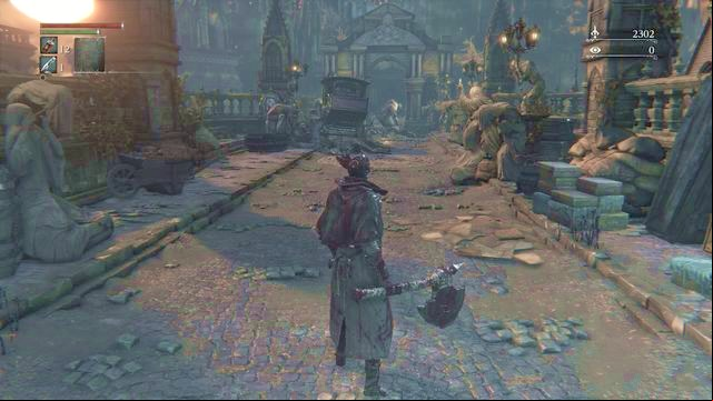 The first boss is located in the end of the bridge. - Central Yharnam - Sewers | Walkthrough - Walkthrough - Bloodborne Game Guide & Walkthrough
