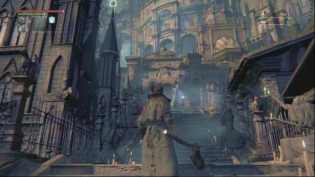 On the top of the stairs you will be attacked by two enemies. - Cathedral Ward | Walkthrough - Walkthrough - Bloodborne Game Guide & Walkthrough