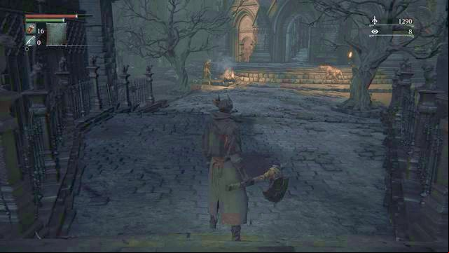 Watch out for the group of three or four enemies standing next to the campfire. - Cathedral Ward | Walkthrough - Walkthrough - Bloodborne Game Guide & Walkthrough