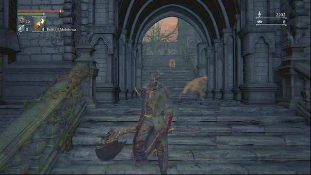 Allow the dogs to run downstairs and stay out of the range of the sniper to defeat them. - Cathedral Ward | Walkthrough - Walkthrough - Bloodborne Game Guide & Walkthrough